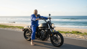 Riding_Kawasaki_Vulcan_650_in_BJJ_gi_near_Australian_beach